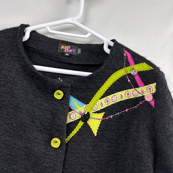 Just Barb Cardigan Sweater Women Medium Black Artsy Boho Fun Colorful Unique - Picture 2 of 13
